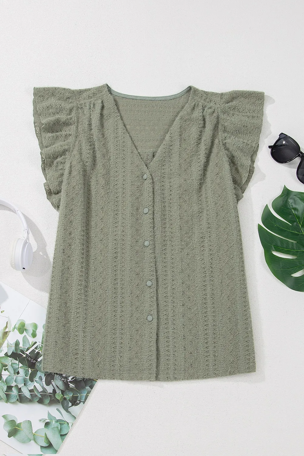 Flutter Sleeve Lace V Neck Shirt, image 3