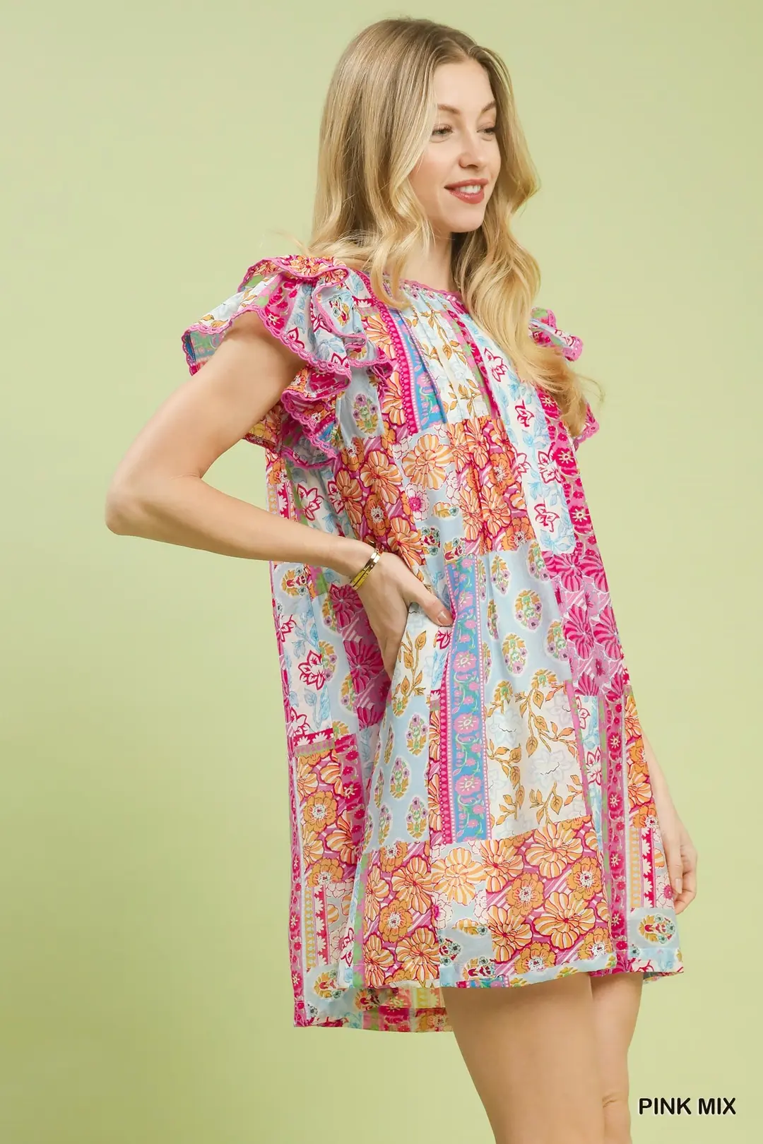 Mix Patchwork Flutter Sleeve Mini Dress, image 2