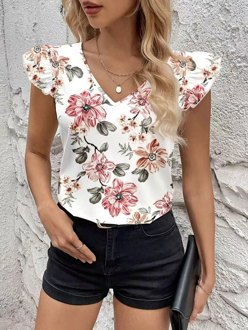 Floral Print Ruffle Sleeve V-Neck Blouse, image 20