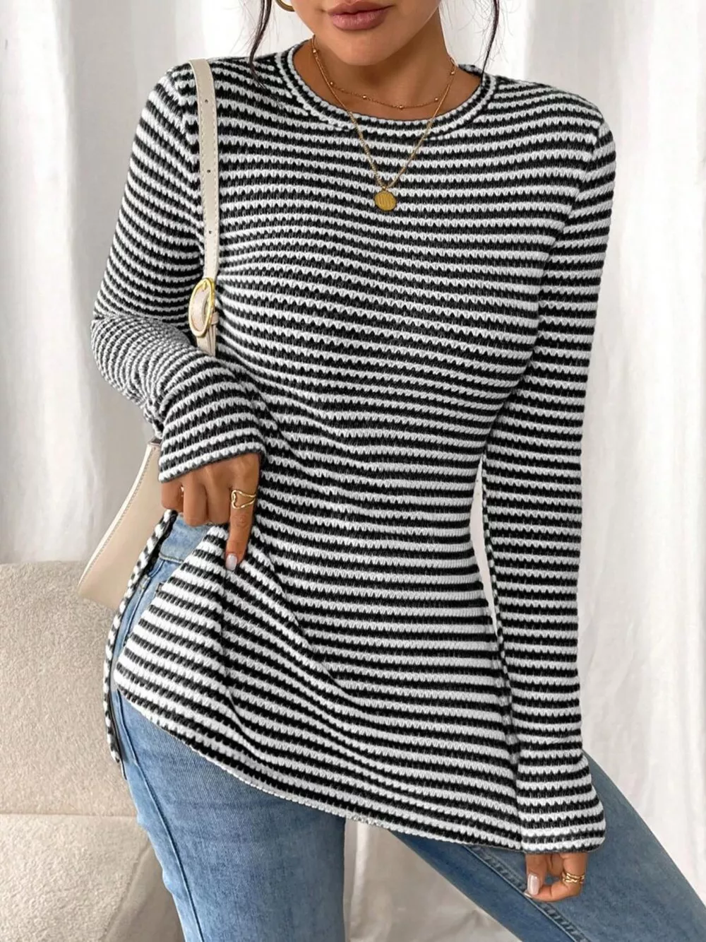 Slit Striped Long Sleeve Casual T-Shirt, image 4