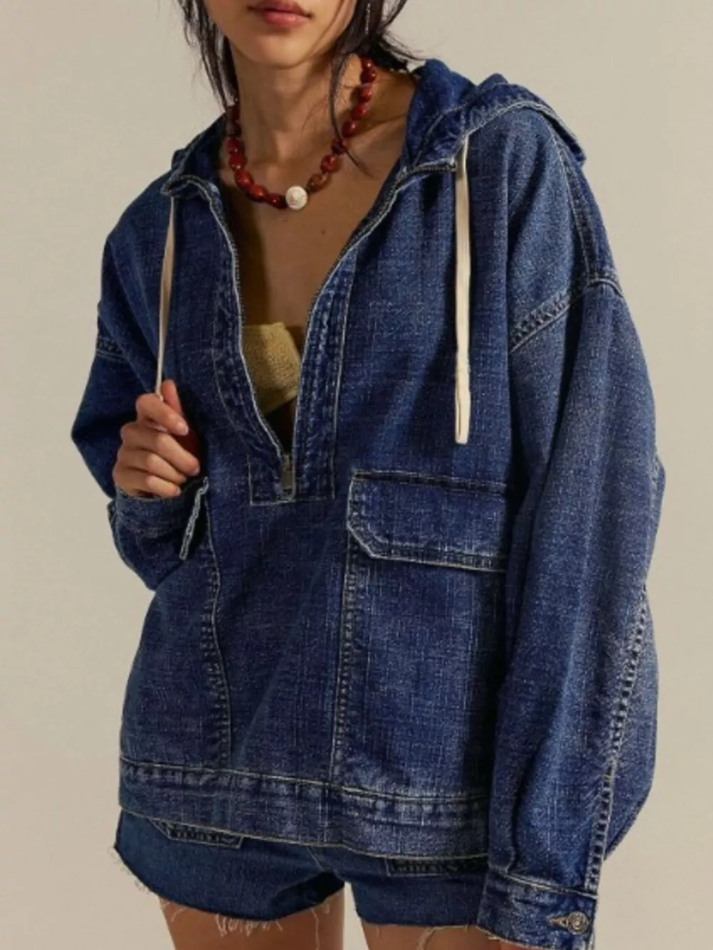 Half Zip Hooded Denim Top, image 12