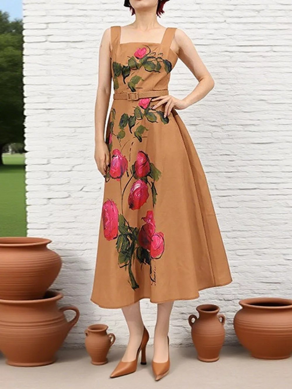 Floral Print Square Neck Midi Dress, image 7