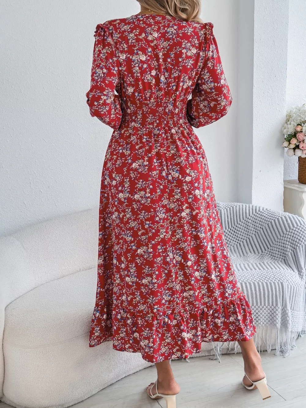 Ruffled Floral V-Neck Flounce Sleeve Dress, image 7