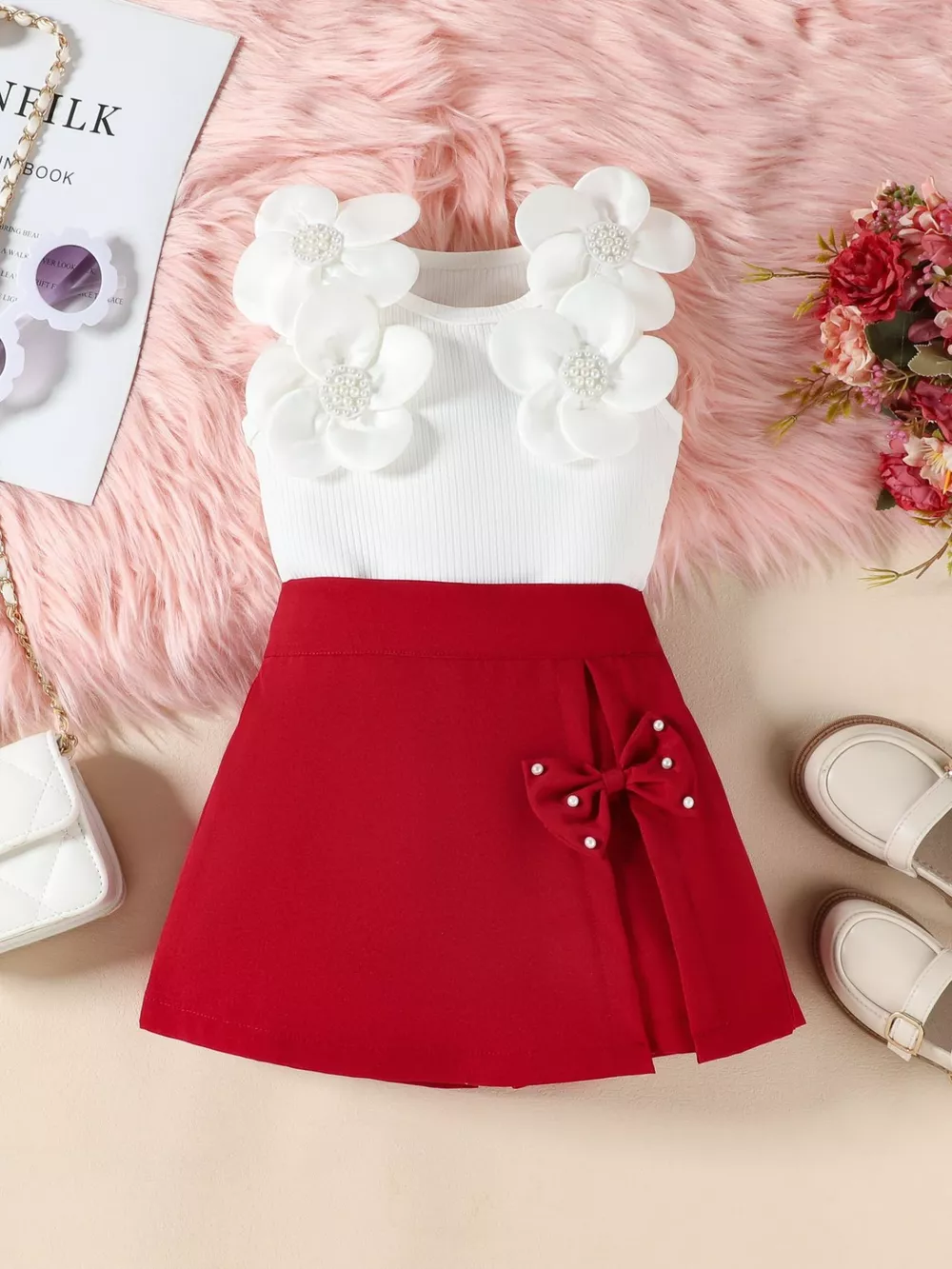 Children's Floral Applique Top & Bow Decor Skirt Set, image 7