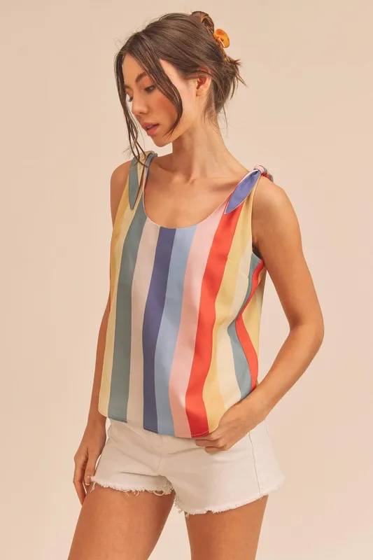 Contrast Striped Scoop Neck Tie Shoulder Tank, image 2