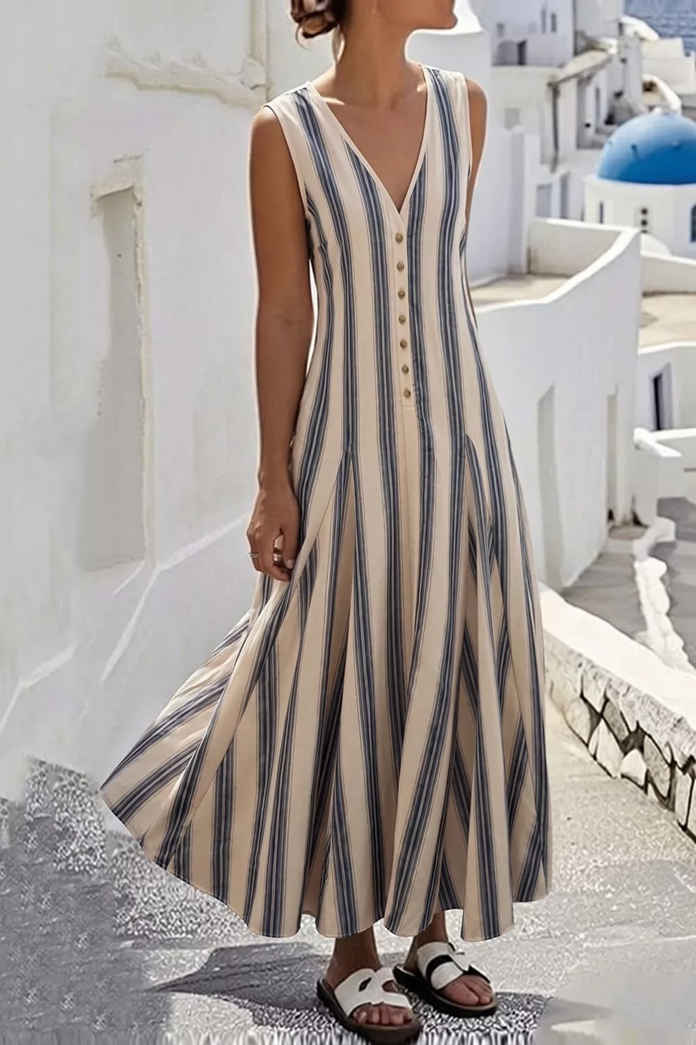 Striped V-Neck Sleeveless Midi Dress, image 3