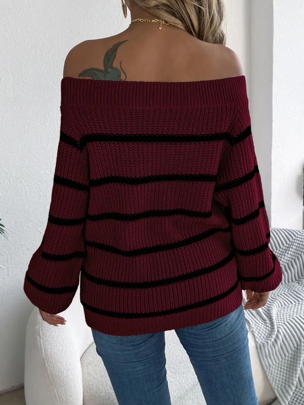 Striped Off-Shoulder Long Sleeve Sweater, image 9