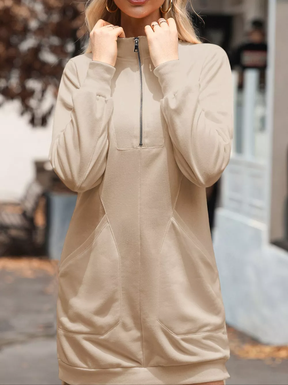 Zip Up Collared Ribbed Patchwork Sweatshirt Dress with Pockets, image 3