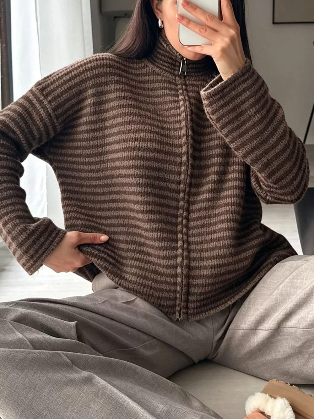 Striped Zip-Up Knit Cardigan, image 11
