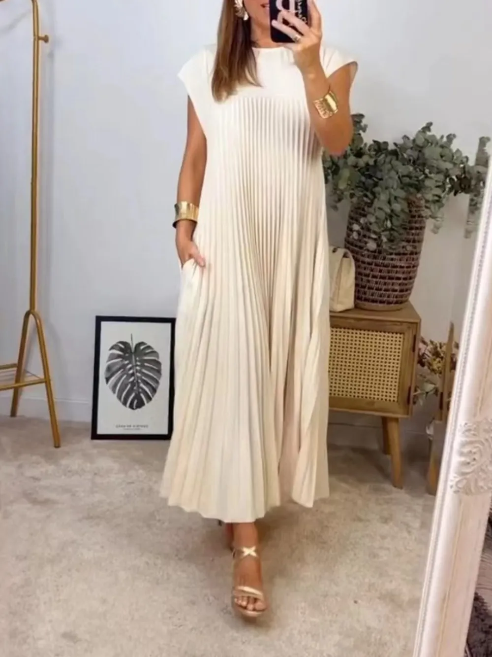 Full Size Pleated Round Neck Maxi Dress Plus Size, image 2