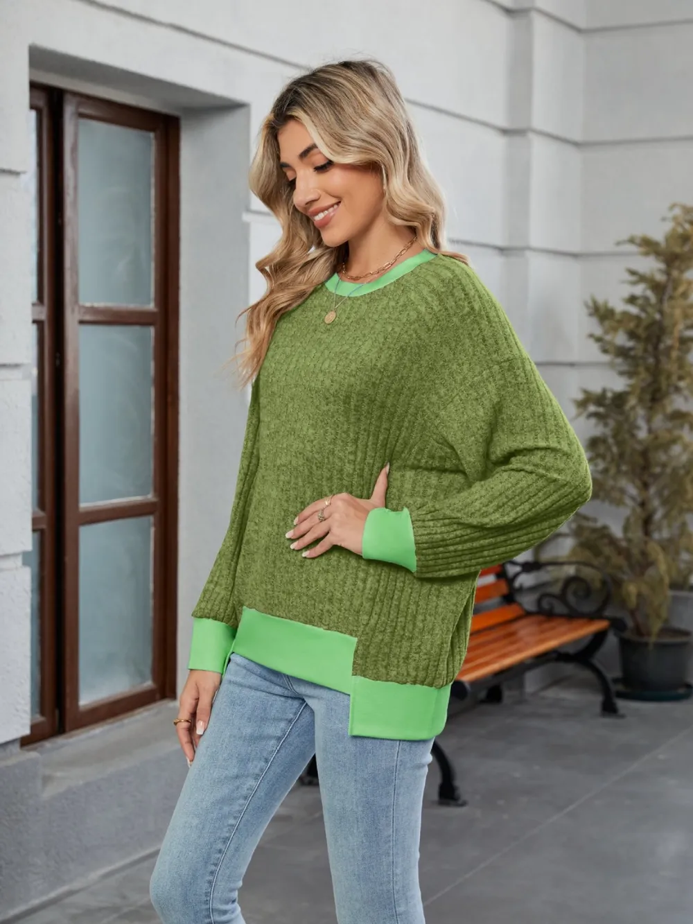 Contrast Trim Round Neck Long Sleeve T-Shirt, image 2
