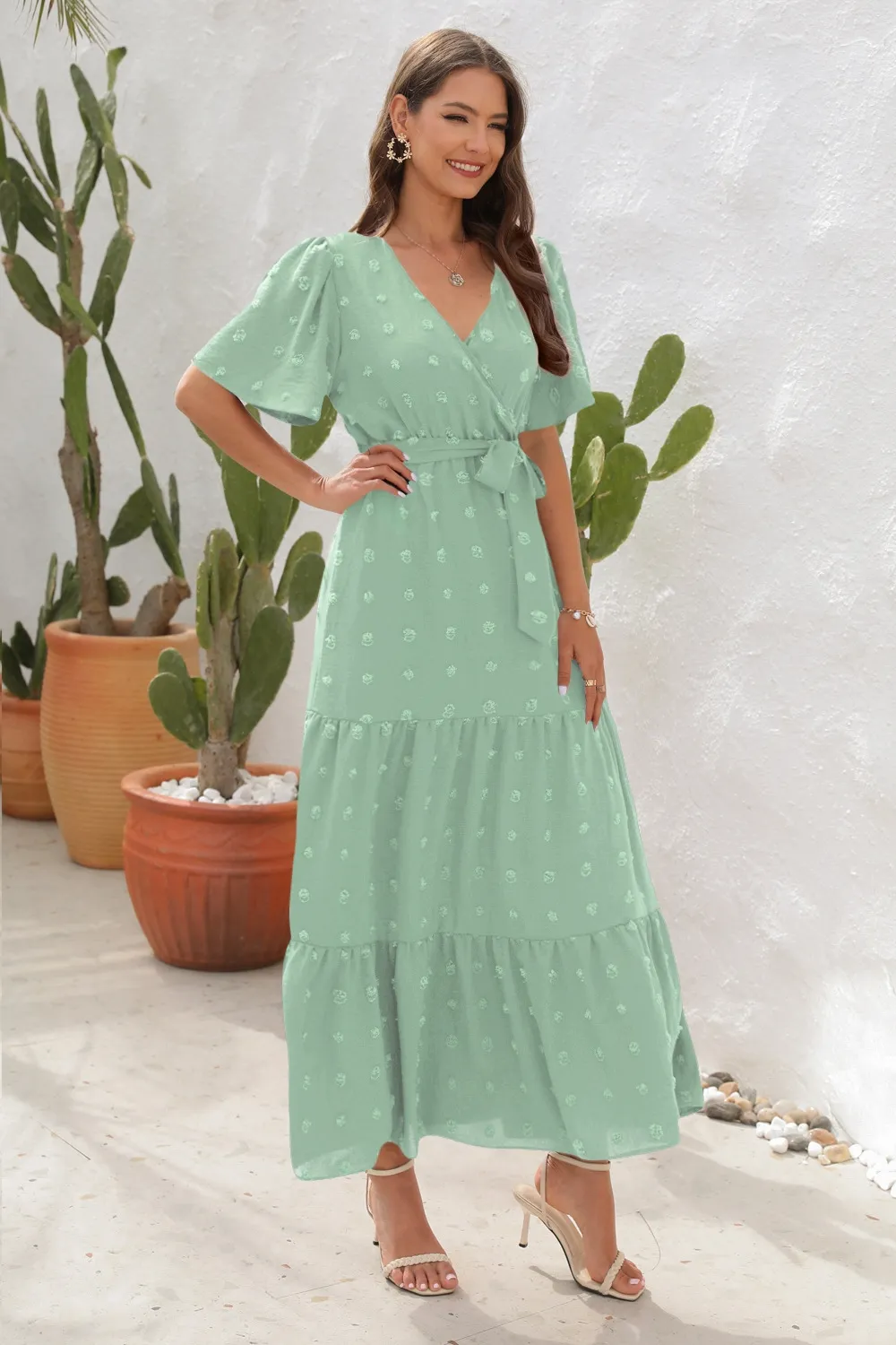 Swiss Dot Tied Surplice Short Sleeve Dress, image 18