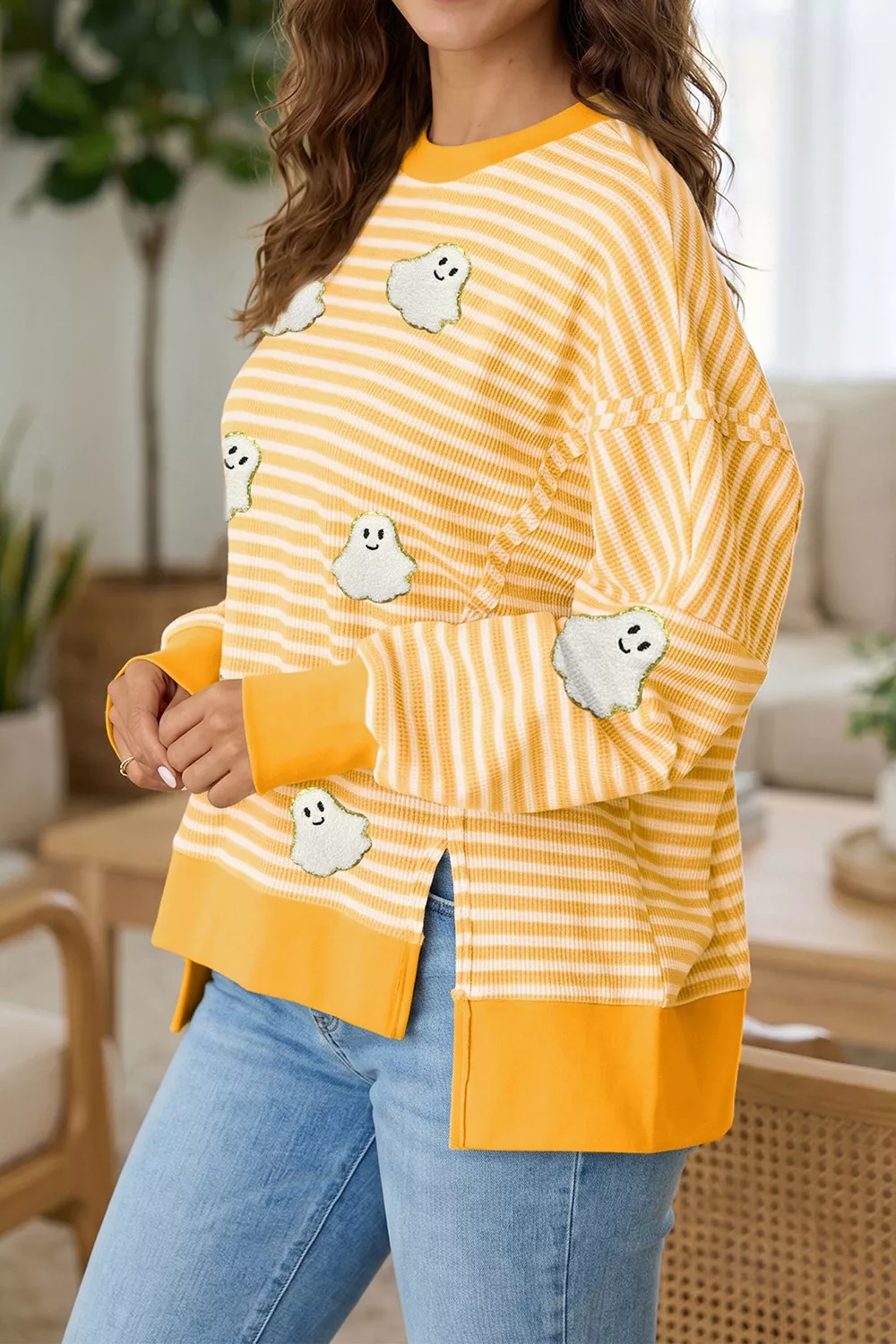 Stripe Halloween Ghost Patch Round Neck Long Sleeve Top, image 4