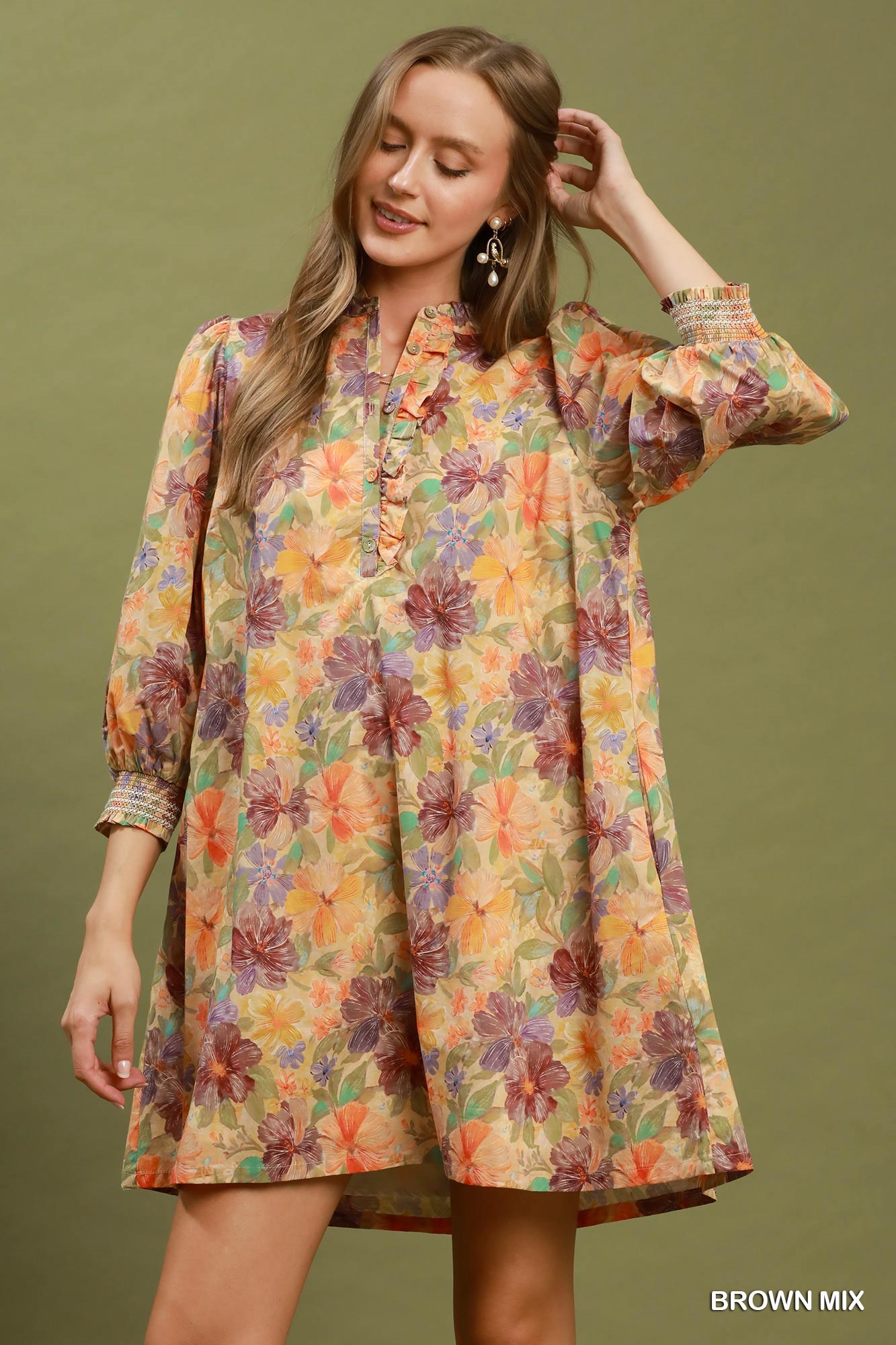 Mix Floral Print Smocked Cuff Mini Dress