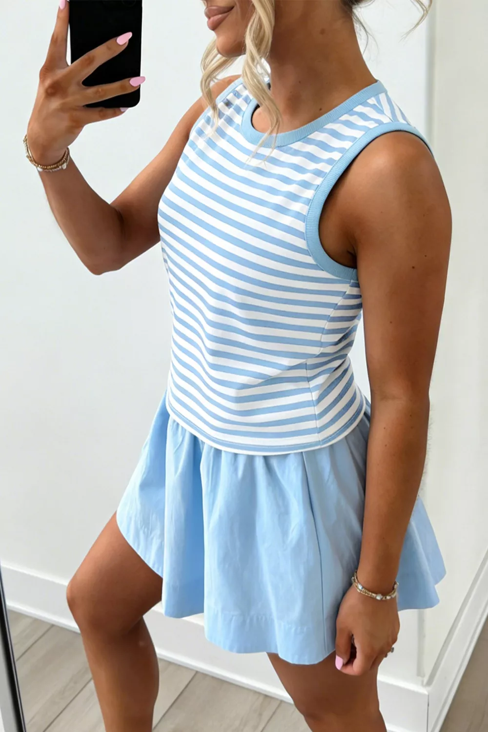 Stripe Slim Tank Contrast Ruffle Mini Skort Set, image 5