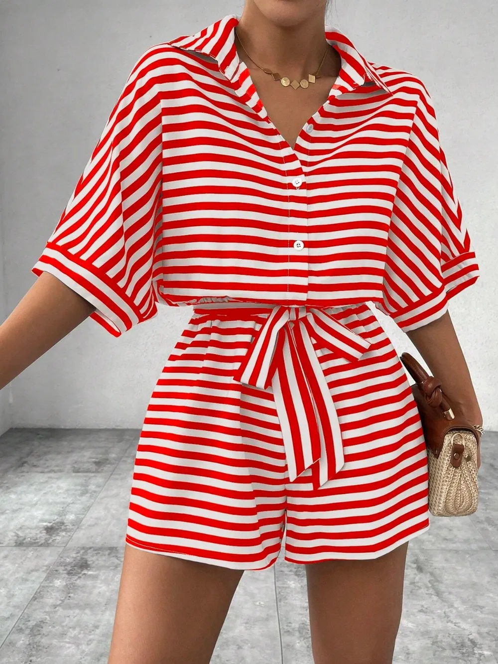Tie Waist Half Button Striped Romper, image 5