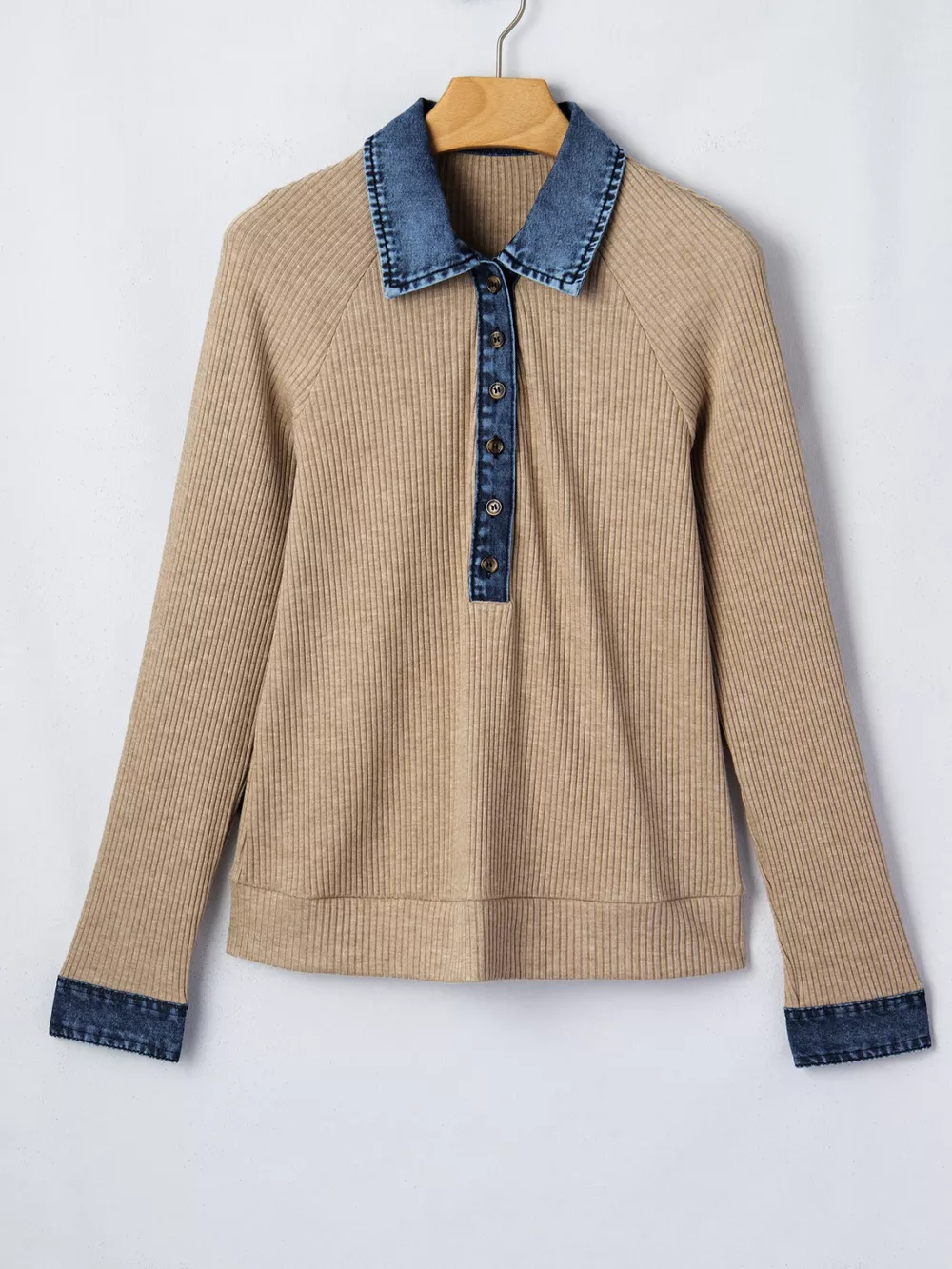 Ribbed Knit Denim Trim Button Detail Top, image 5