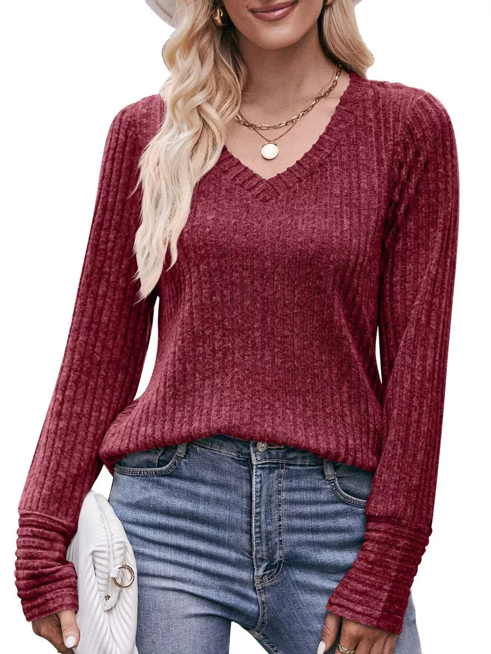 V-Neck Ribbed Knit Long Sleeve T-Shirt, image 9