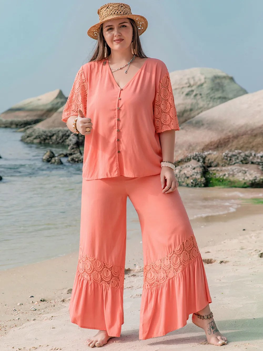 Plus Size Button Up Half Sleeve Top and Pants Set, image 3