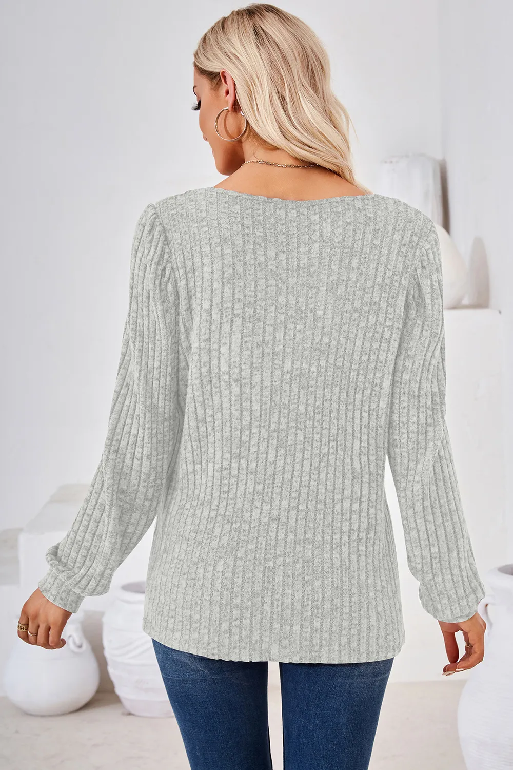 Ribbed Square Neck Long Sleeve T-Shirt, image 16