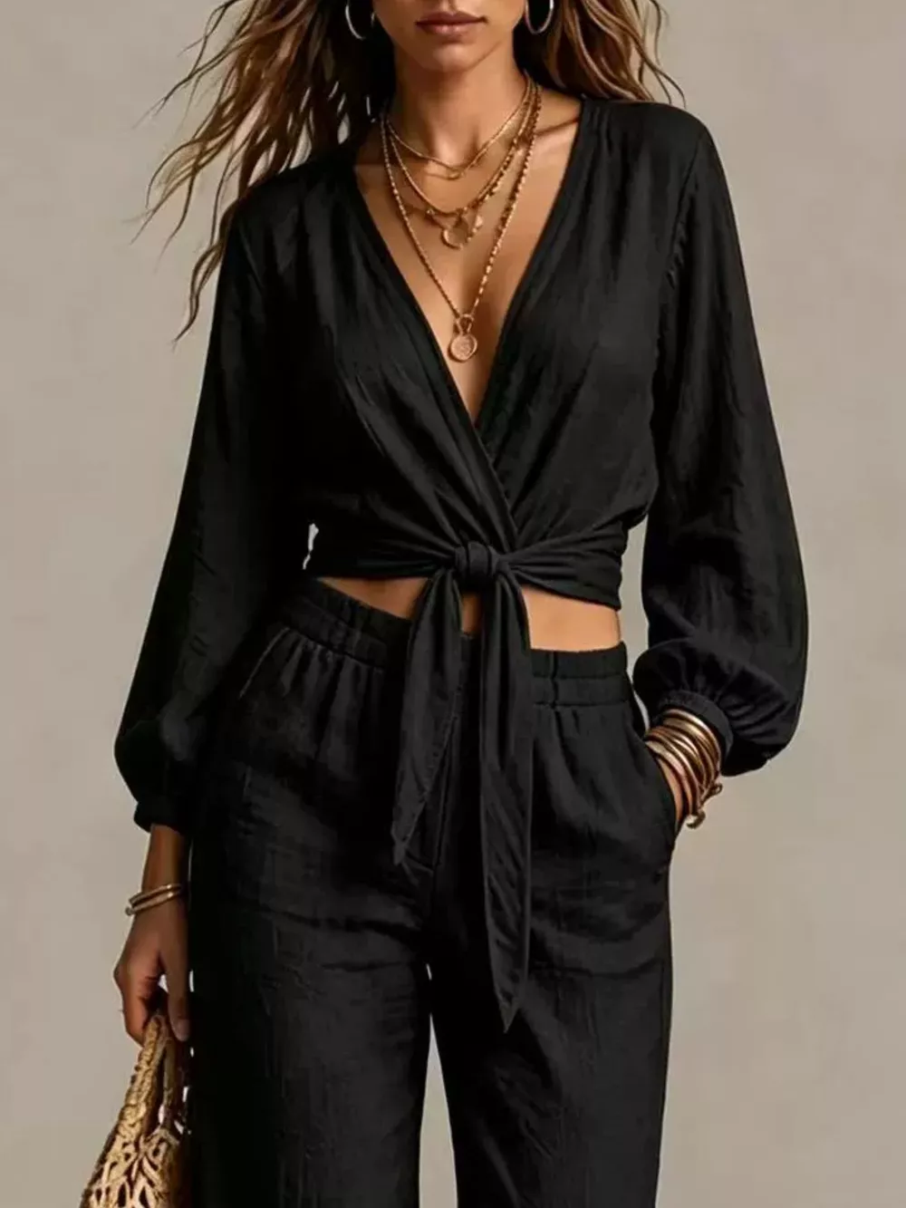 Tie-Front Crop Top and Wide-Leg Pant Set, image 6
