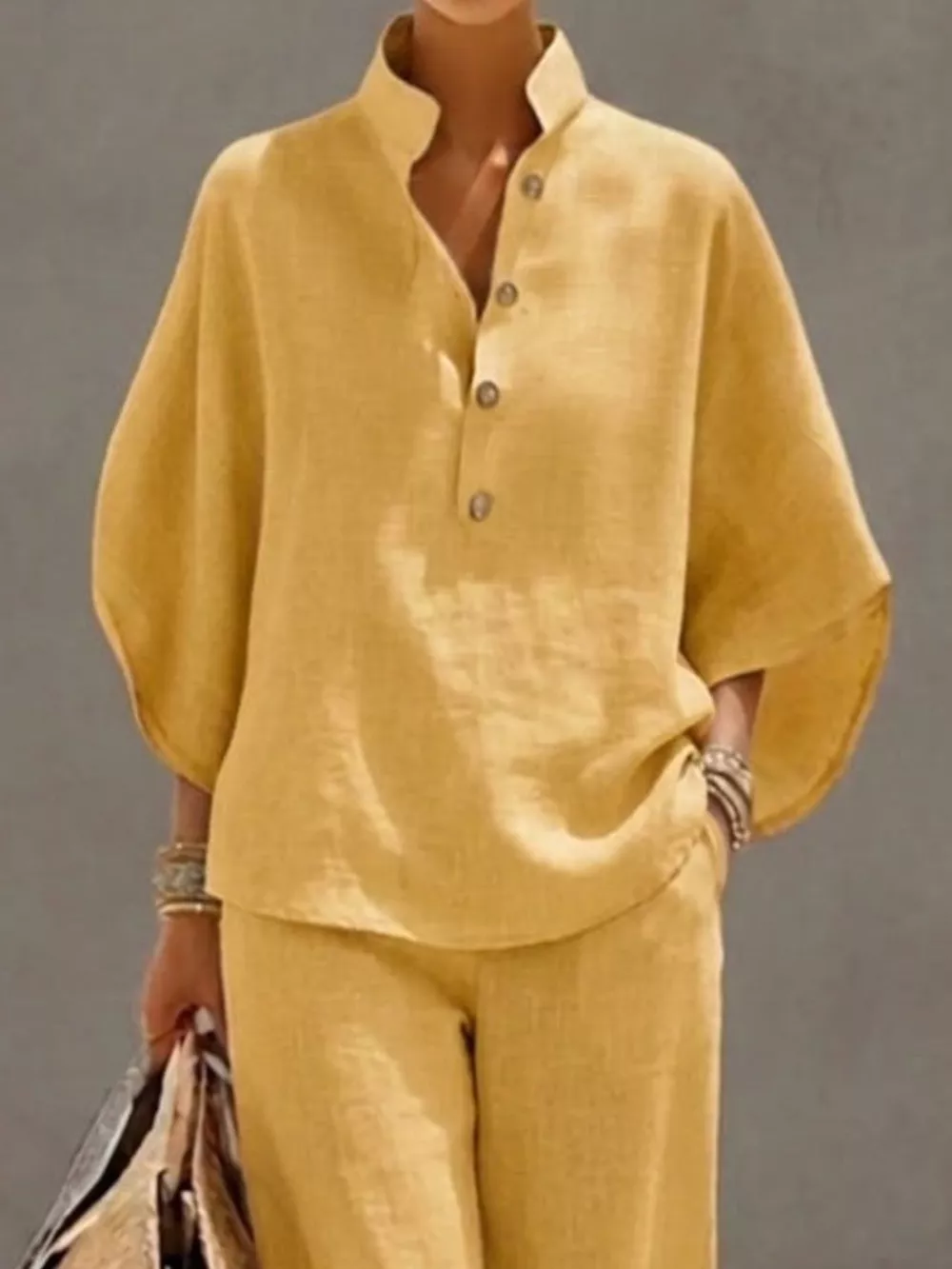 Full Size Button Detail 3/4 Sleeve Top and Pants Set Plus Size, image 8