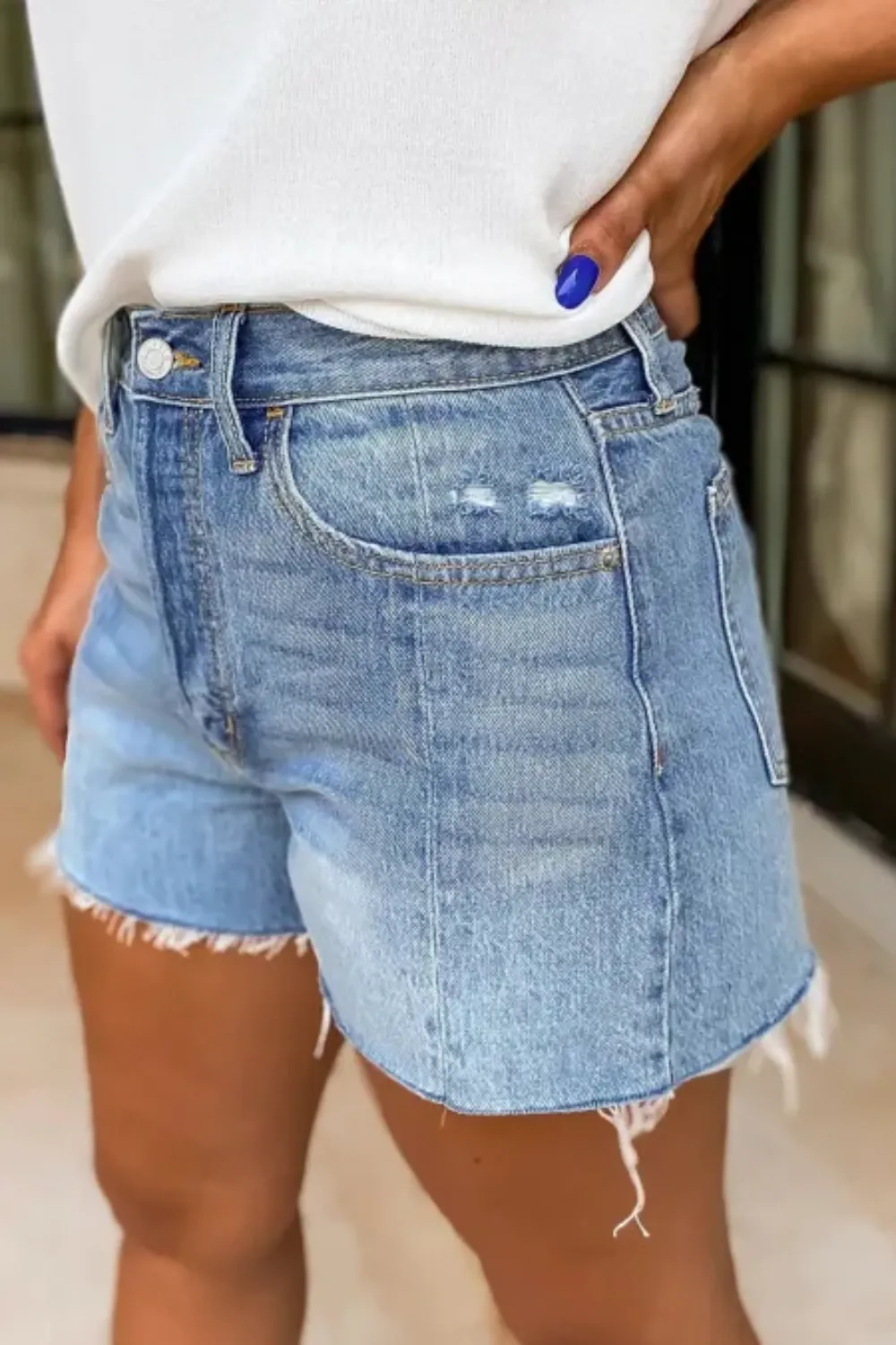 Frayed Hem High-Waisted Denim Shorts, image 3