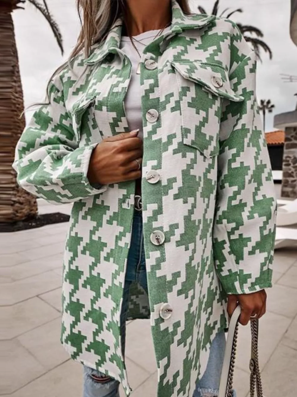 Houndstooth Button Up Long Sleeve Outerwear, image 8