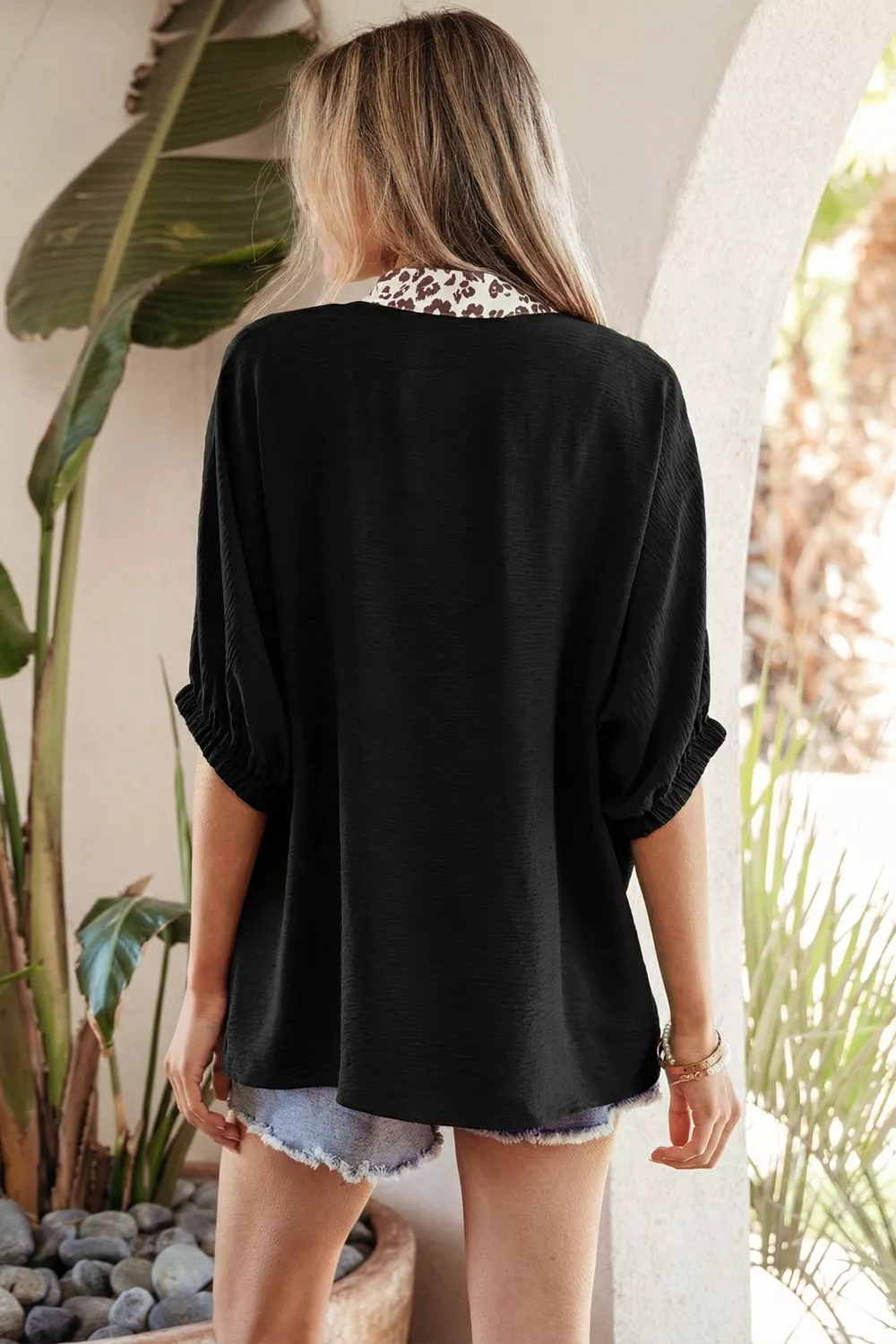 Leopard Accent Notched Neck Plus Size Short Sleeve Top, image 2