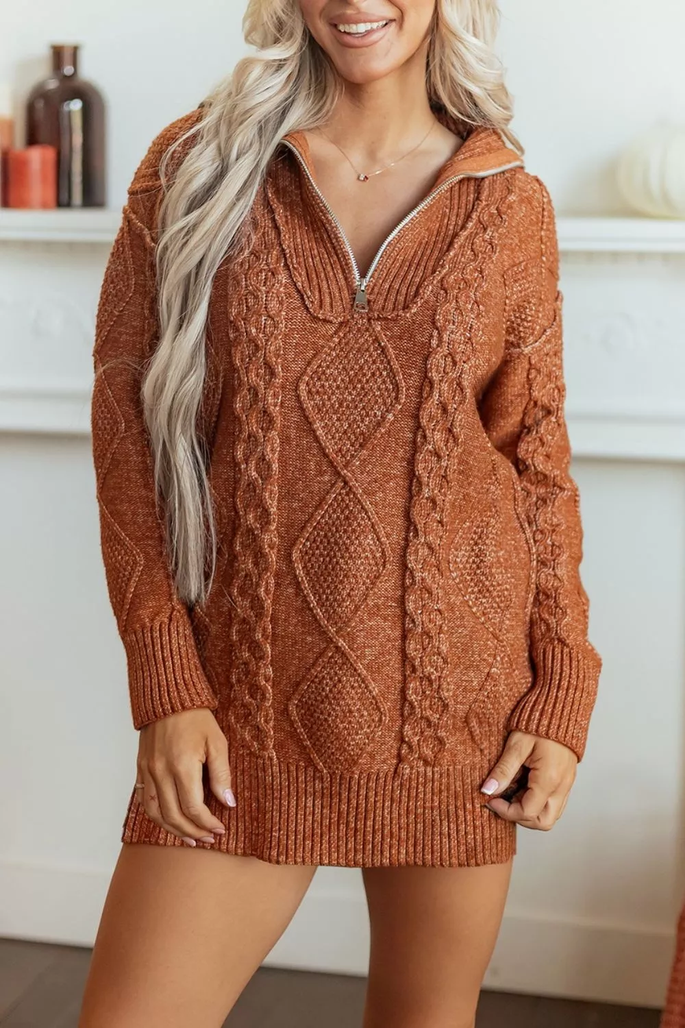 Zip-Up Cable Knit Drop Shoulder Sweater Dress, image 3