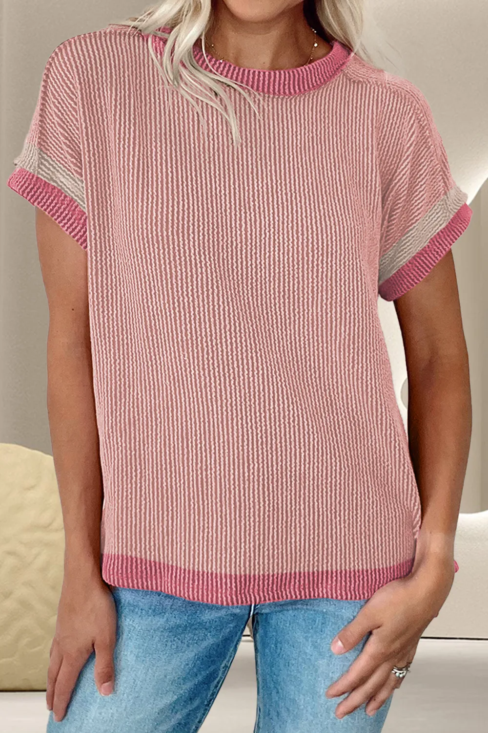 Color Block Round Neck Cap Sleeve T-Shirt, image 4