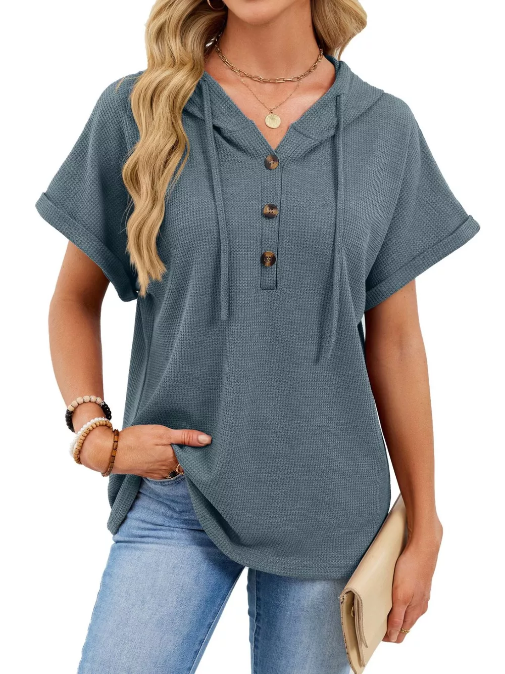 Casual Waffle Knit Button Detail Hooded Top, image 2