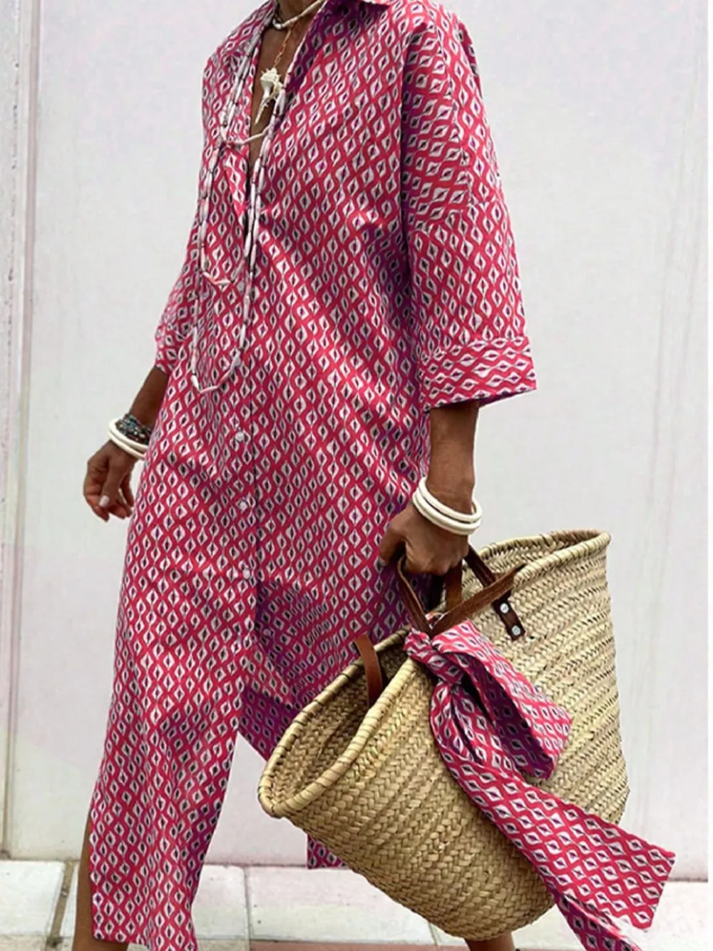 Full Size Printed Button-Down Midi Dress Plus Size, image 3