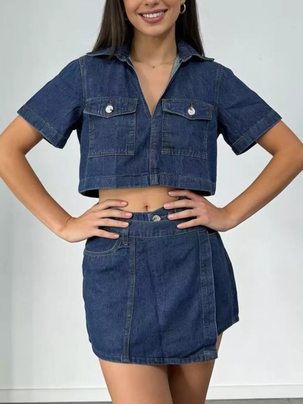 Short Sleeve Cropped Top and Skort Denim Set, image 7