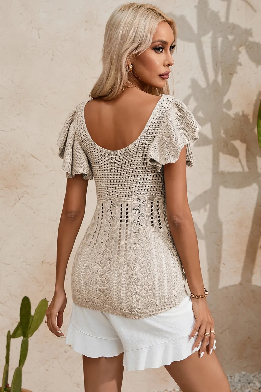 Full Size Openwork Flutter Sleeve Knit Top, image 3