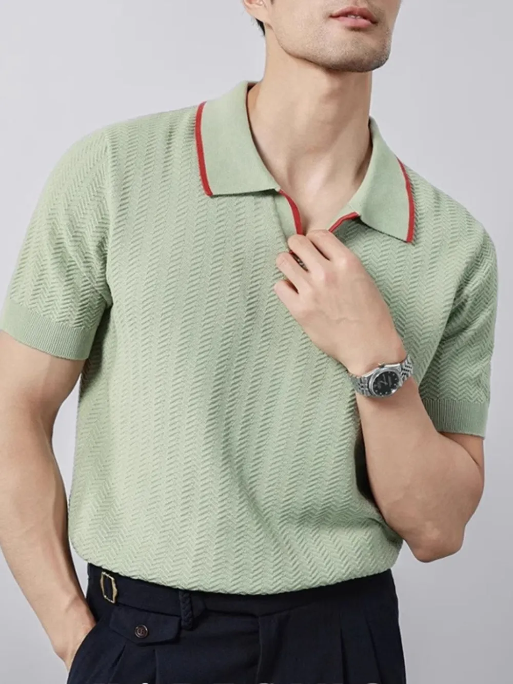 Men's Plus Size Textured Contrast Trim Short Sleeve Polo, image 3