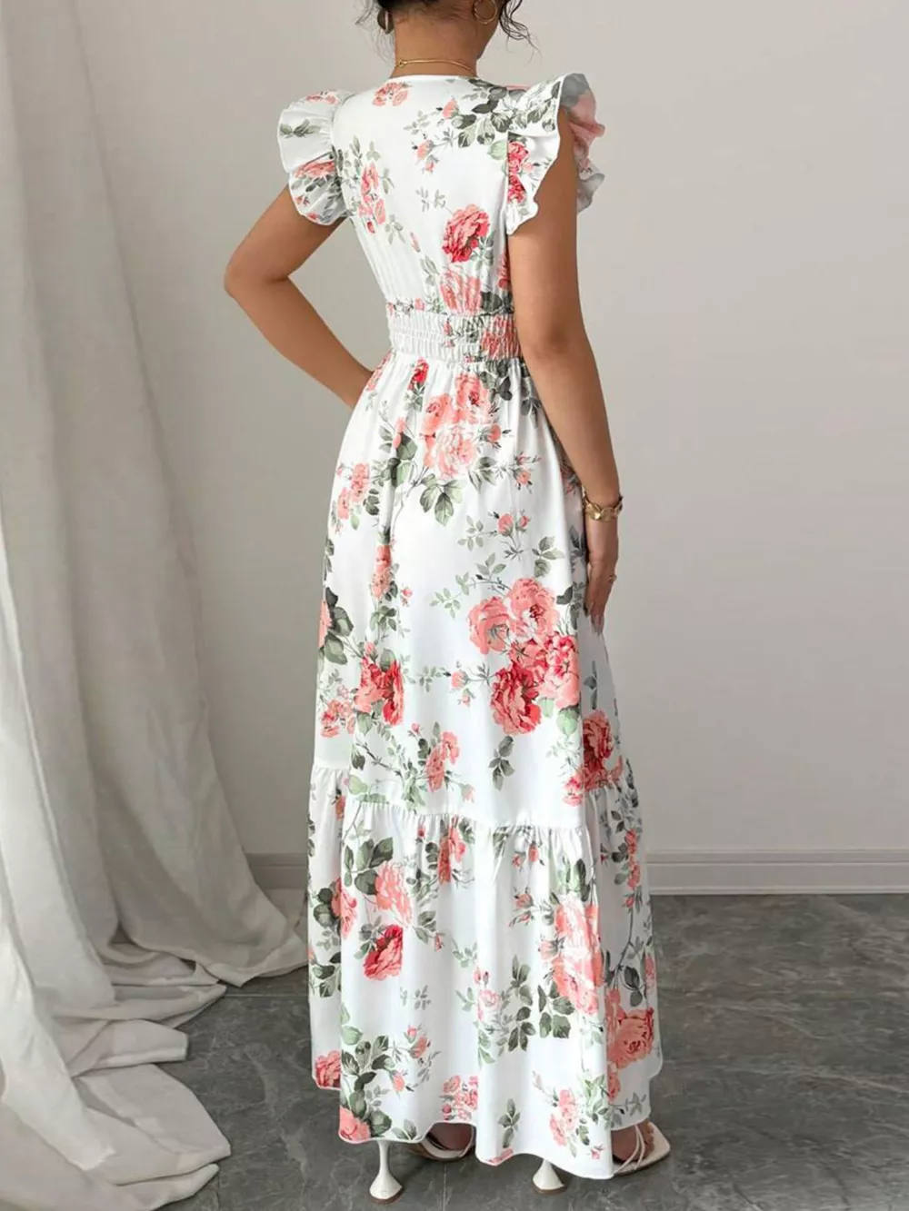 Floral Print Ruffle Sleeve Tiered Maxi Dress, image 3