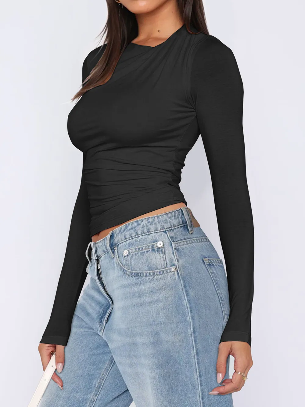 Ruched Asymmetrical Neck Long Sleeve T-Shirt, image 8