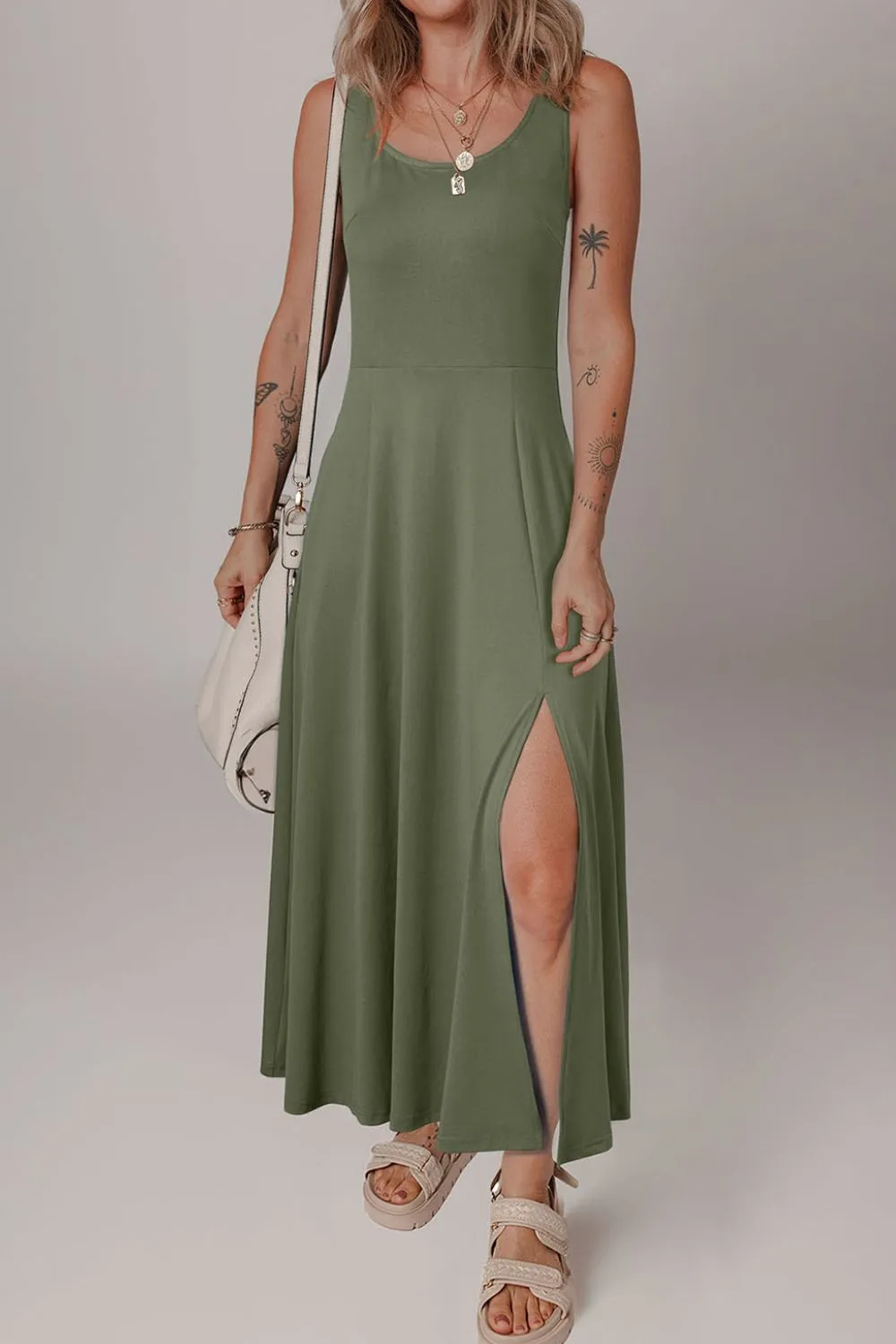 Side Slit Scoop Neck Wide Strap Dress, image 3