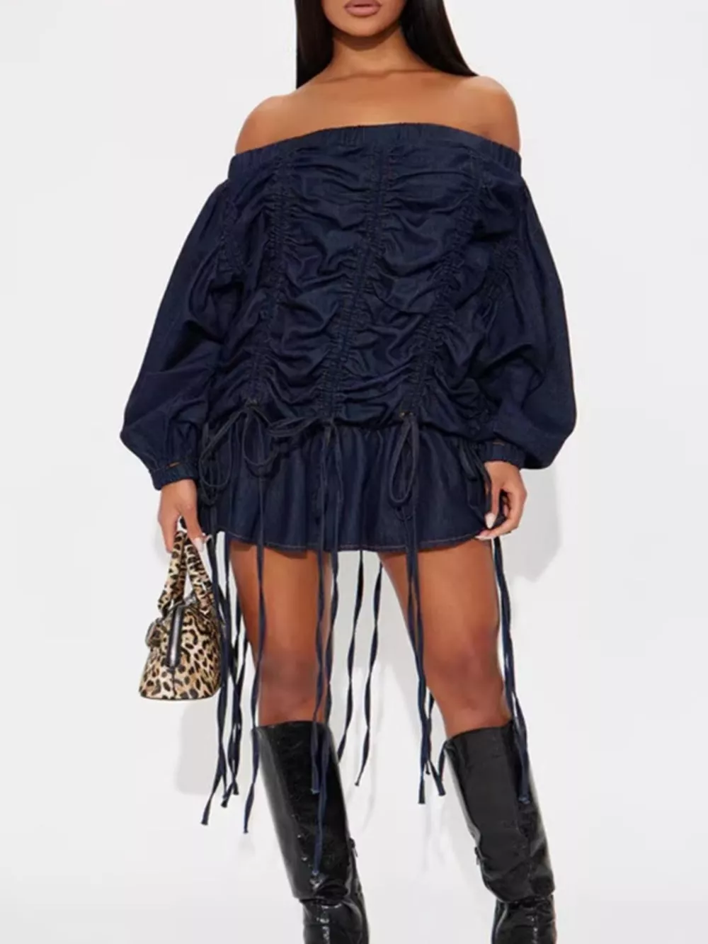 Off-Shoulder Ruched Denim Dress
