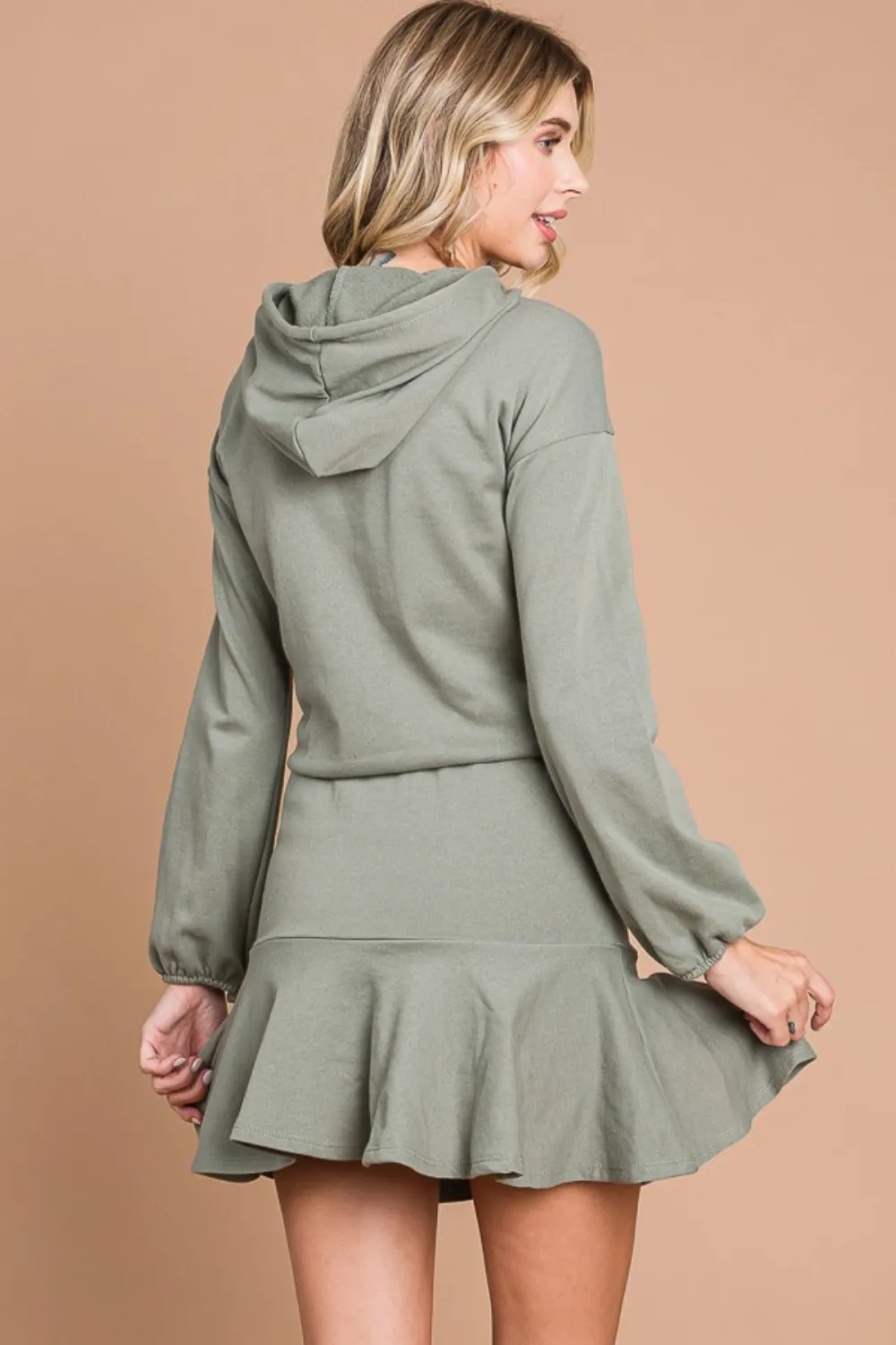 Full Size Drawstring Dropped Shoulder Hooded Mini Dress, image 2