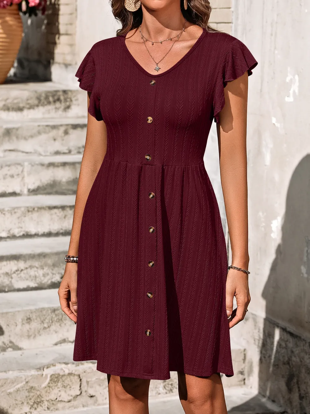 V-Neck Ruffled Cap Sleeve Dress, image 24