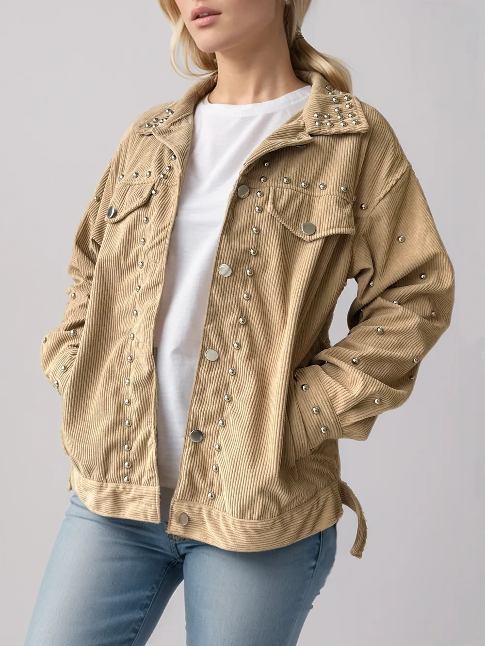 Studded Collared Neck Button Up Jacket, image 4