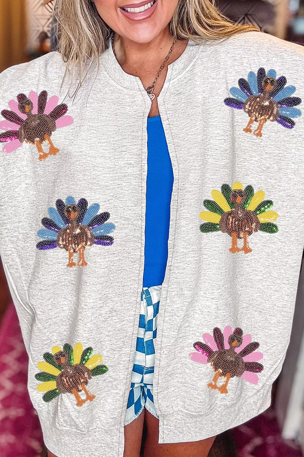 Sequin Turkey Graphic Relaxed Open Front Sweatshirt, image 3
