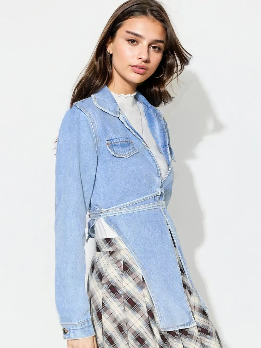 Asymmetric Slit Collared Neck Long Denim Top, image 5