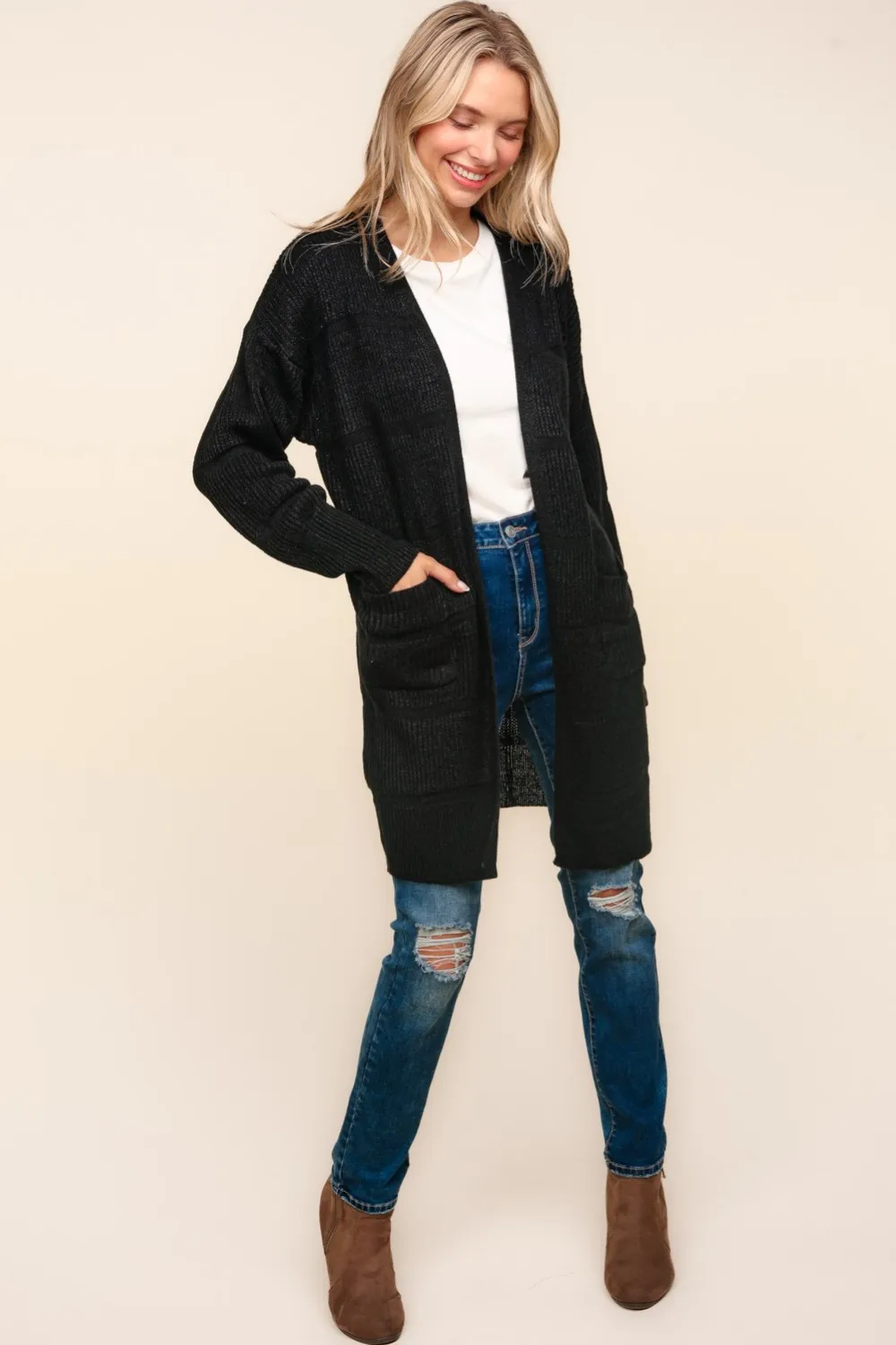 Stripe Textured Open Front Cardigan with Pockets, image 4