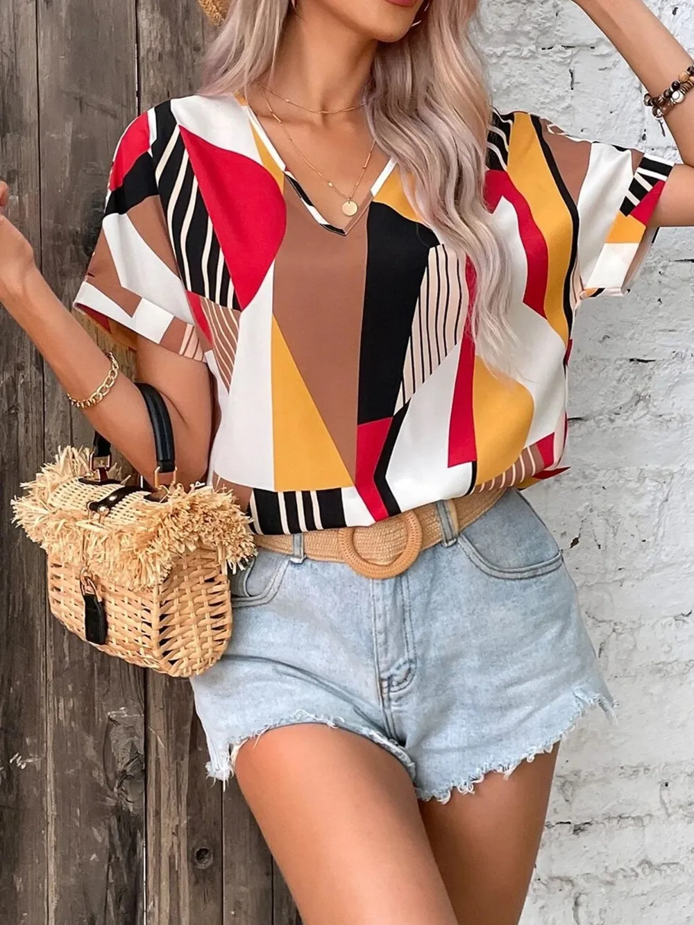 Printed V-Neck Short Sleeve Blouse, image 8