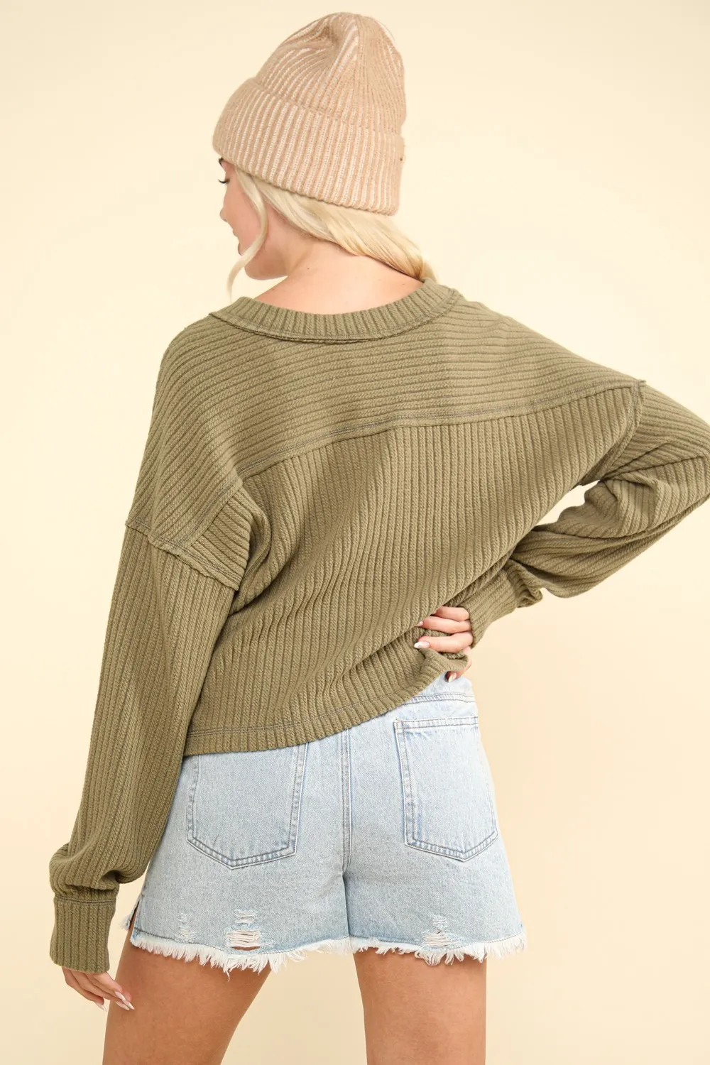 Exposed Seam V-Neck Ribbed Knit Top, image 2
