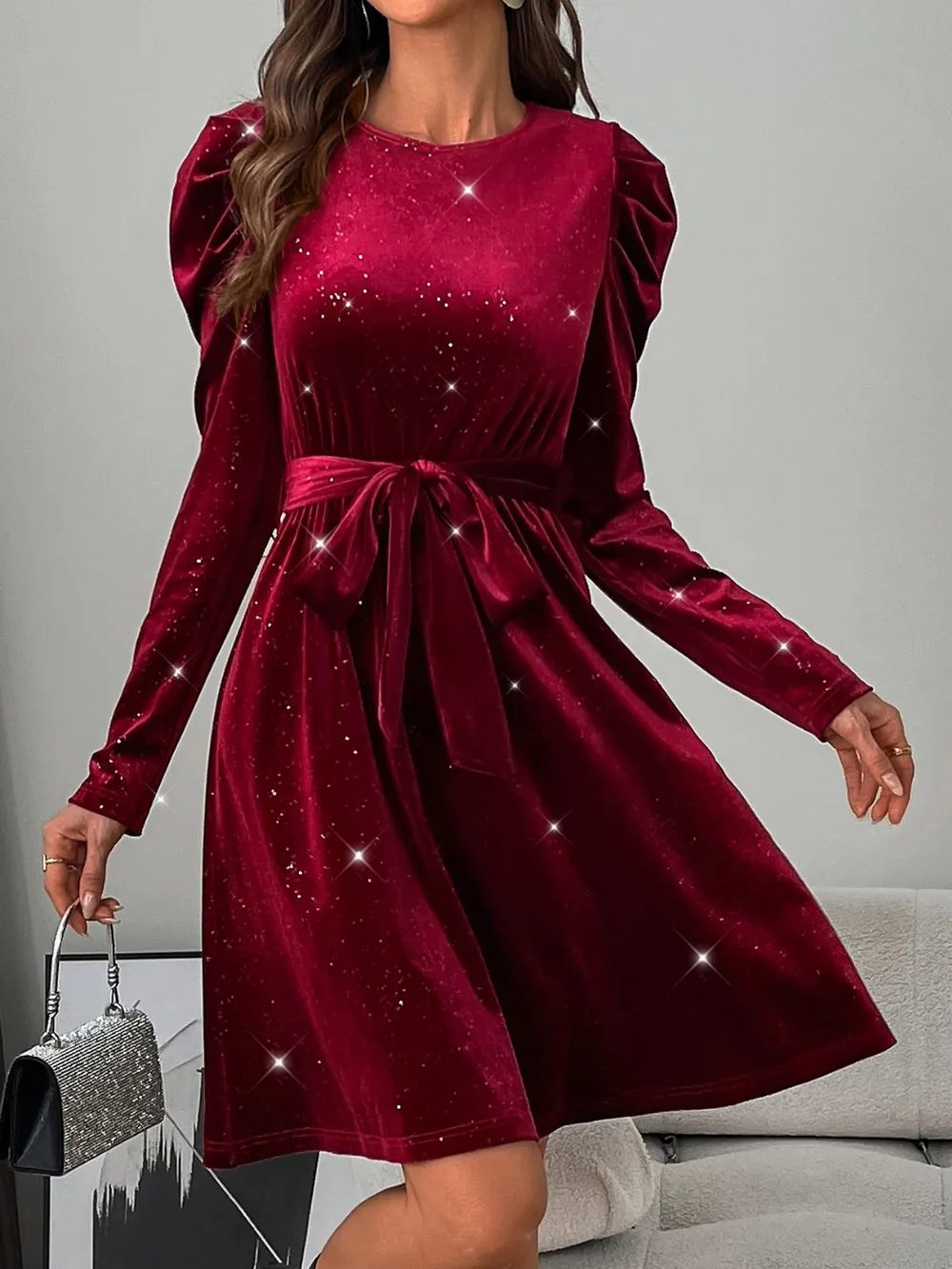 Glitter Round Neck Puff Sleeve Dress, image 10