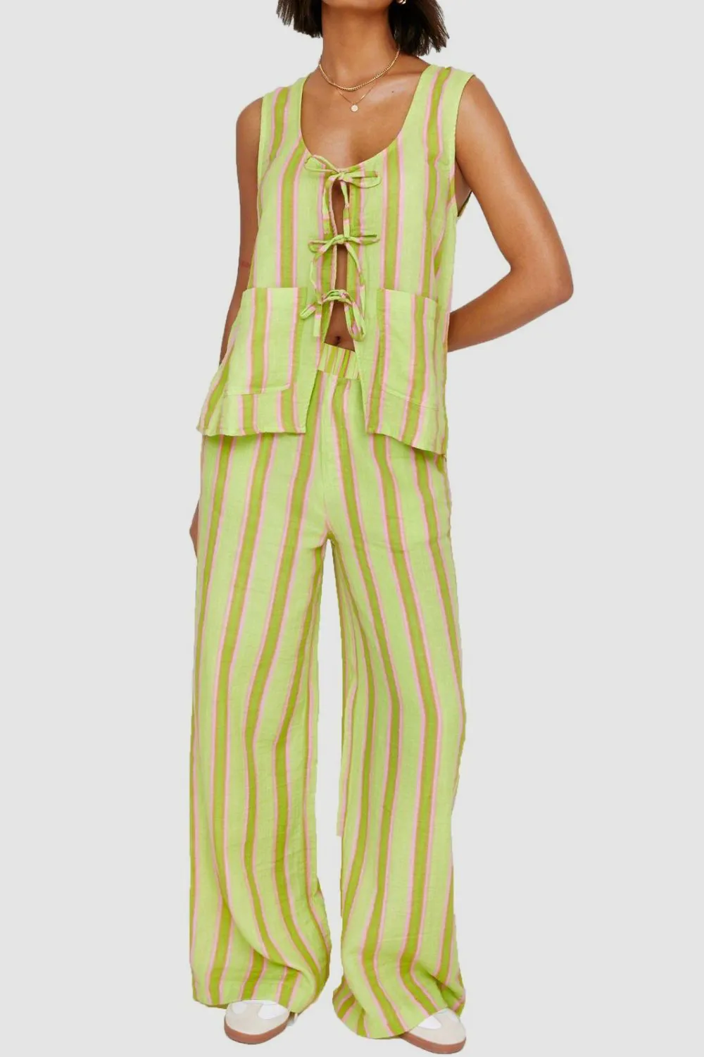 Tied Front Striped Top and Pants Set, image 5
